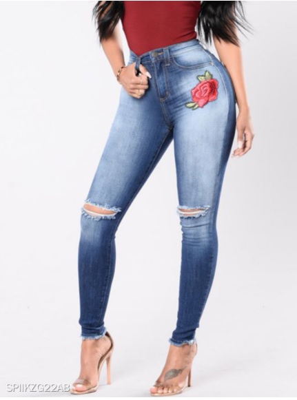 Fashionable embroidered stretch high waist denim trousers